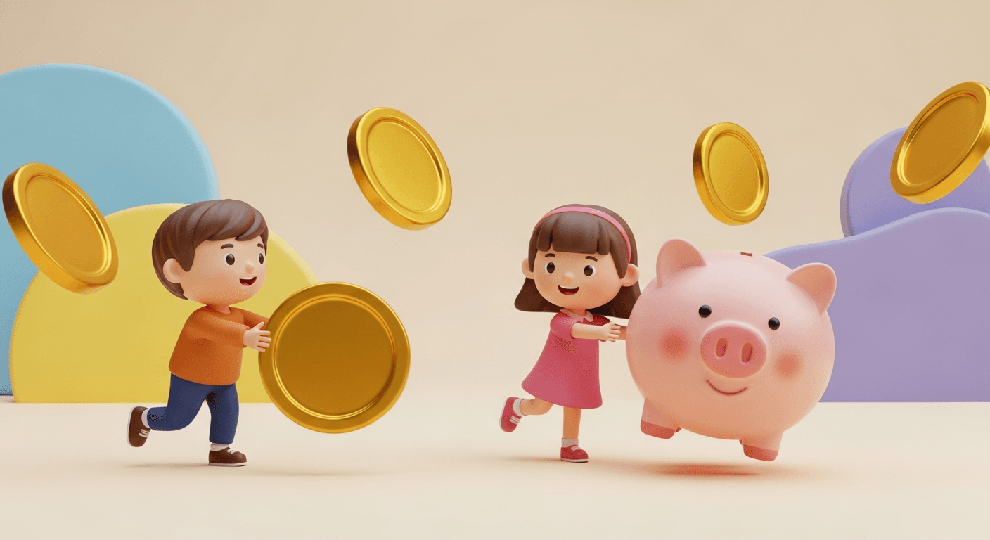 Crianças felizes aprendendo educação financeira com mesada digital - Plataforma educativa Mesadinha para ensinar crianças sobre dinheiro de forma divertida